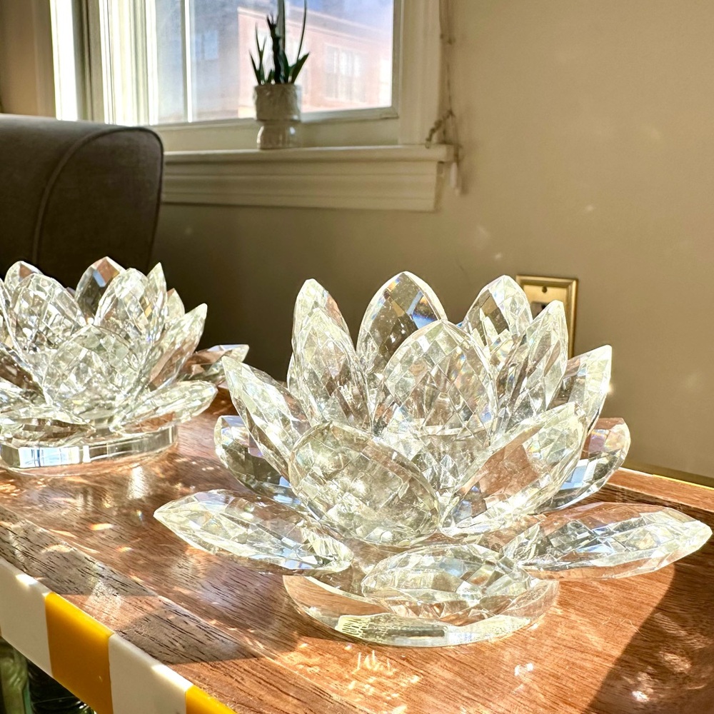 NWT Crystal Lotus Candle Holder Set (2) Shannon by Godinger Dublin, Ireland